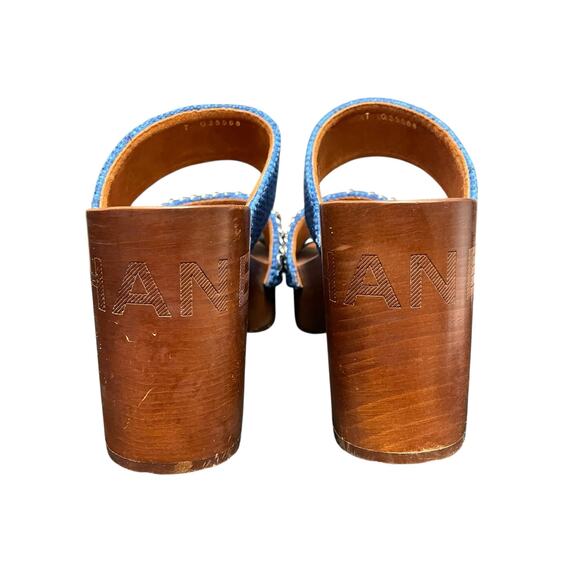 Chanel Chain Platform Slide Sandals Tweed Wood Heel Blue Brown Womens 40 / US 9 - Picture 7 of 14